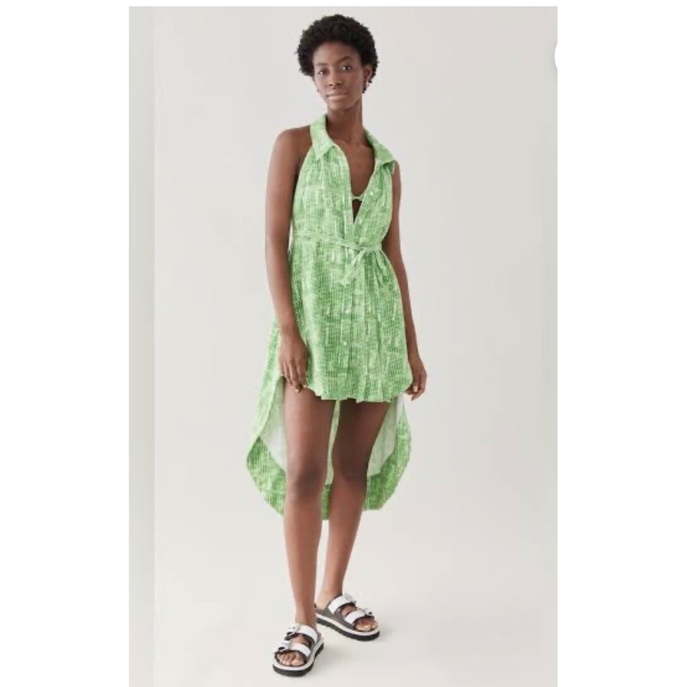 Cult Gaia‎ High Low Halter Dress Women's Green Plaid Textured Open Back Med